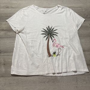Chico’s Weekends Size 2 White Flamingo Palm Tree Sequin Embellished Top